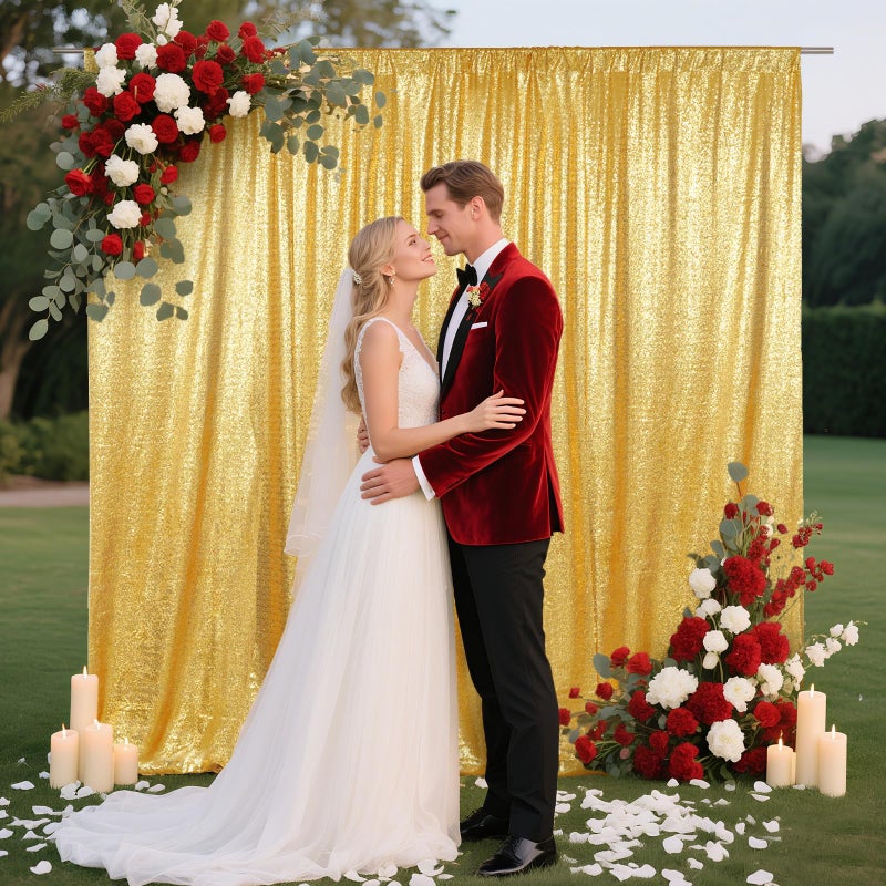 SquarePie Sequin Backdrop Curtain Not See Through Background for Wedding Party 8FT x 8FT Gold - Image 2